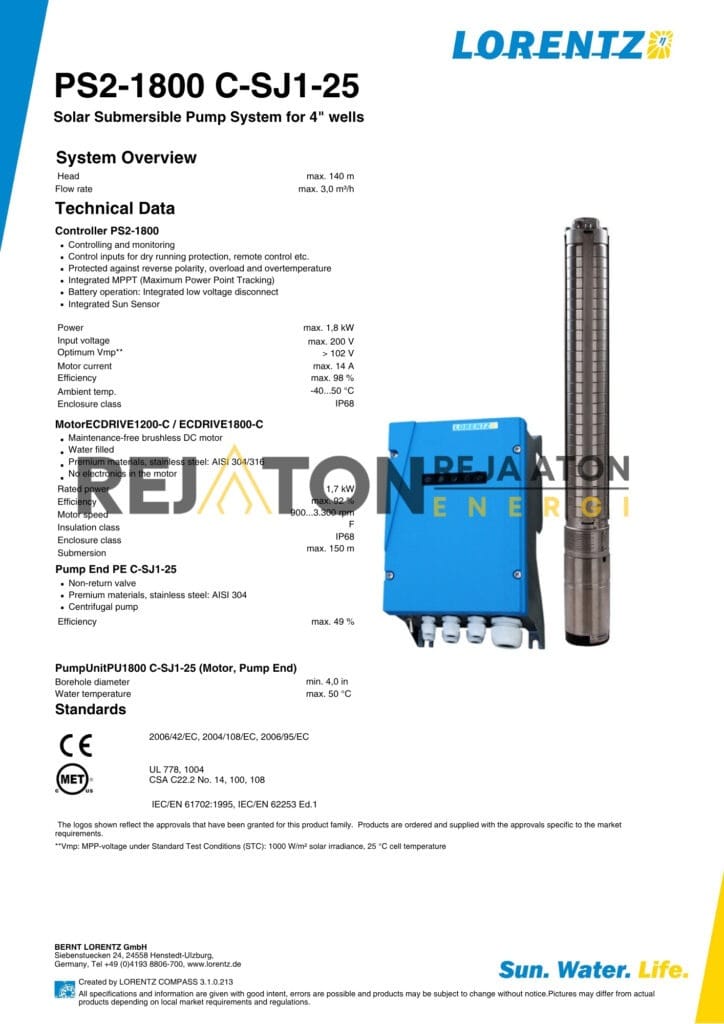 Spesifikasi Pompa Tenaga Surya, Spesifikasi Pompa Tenaga Surya PS2-1800 C-SJ1-25, Spesifikasi Pompa Tenaga Surya PS2-1800 C-SJ1-25 Head: 140 mtr Debit : 1Ltr/Dtk.