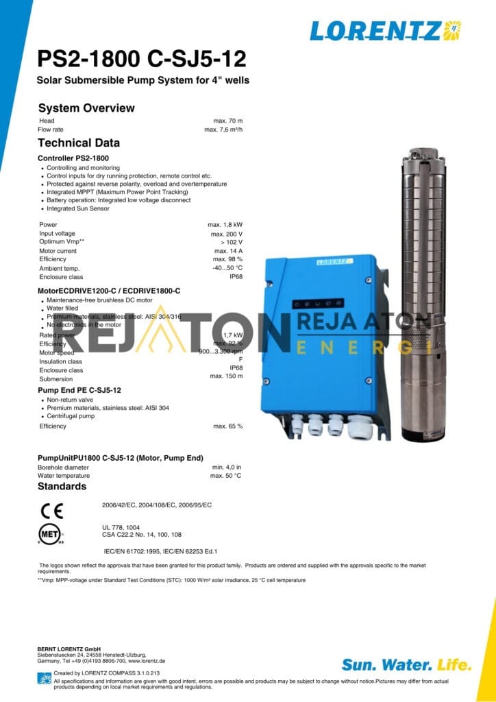 Spesifikasi Pompa Lorentz PS2-1800 C-SJ5-12, Spesifikasi Pompa Lorentz, Pompa Lorentz, Kelebihan Pompa Lorentz, Keunggulan Pompa Lorentz