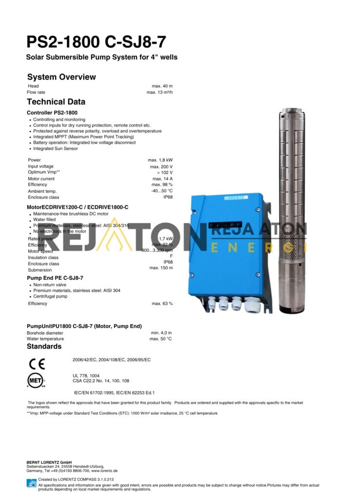 Spesifikasi Pompa Tenaga Surya PS2-1800 C-SJ8-7 Head: 40 mtr Debit: 4Ltr/Dtk, Spesifikasi Pompa Tenaga Surya, Pompa Tenaga Surya, Pompa Surya, Pompa Air
