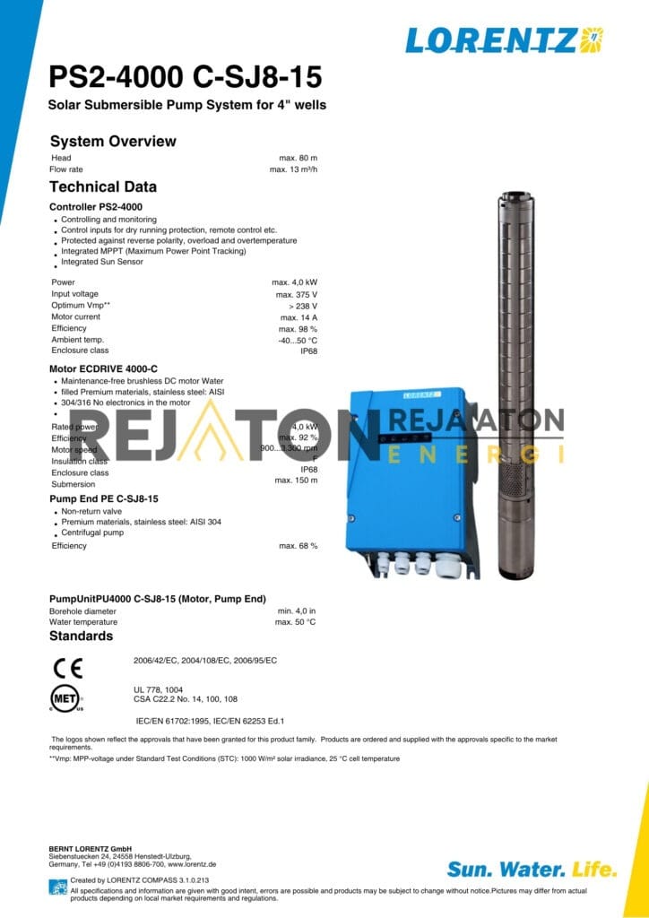 Spesifikasi Pompa Lorentz PS2-4000 C-SJ8-15, Pompa Air Lorentz, Pompa Lorentz, Pompa Air Tenaga Surya, Lorentz Pump.
