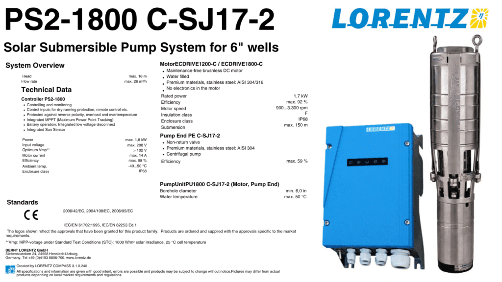 Spesifikasi Pompa Lorentz PS2-1800, Pompa Lorentz PS2-1800, Pompa Lorentz, Pompa Air Lorentz, Pompa Air Tenaga Surya, Pompa Air