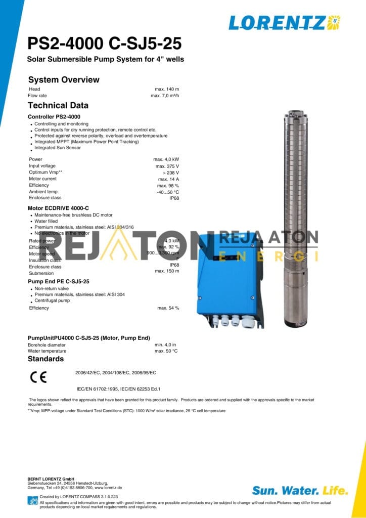 Harga Paket Pompa Lorentz PS2-4000 C-SJ5-25 Lengkap dan Ready Stok untuk PAMSIMAS, Spesifikasi Pompa Tenaga Surya PS2-4000 C-SJ5-25 Head: 140 mtr Debit: 2Ltr/Dtk, Pompa Air Tenaga Surya Lorentz, Pompa Air Lorentz, Pompa Lorentz, Lorentz, Pompa Air Tenaga Surya, Pompa Air Terbaik.